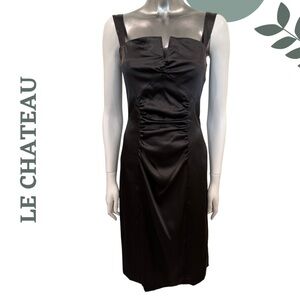 Le Château Black Satin Ruched Cocktail Dress – Made in Canada – Size Medium